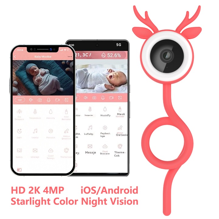 Смарт бебефон и камера за наблюдение, Beeherb, 4MP HD видео с нощно виждане, сигнали за хранене, дисплей за температура, разпознаване на плач и мобилно известяване, двупосочни разговори, съвместим с iOS и Android, розов