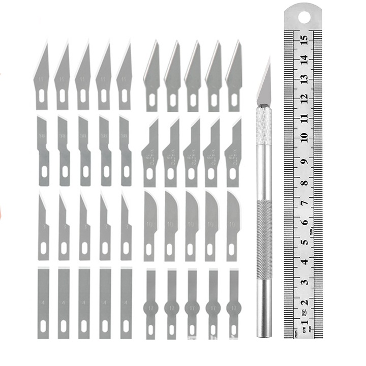Set cutter metal tip scalpel, TREXORA, 40 lame de rezerva, rigla din otel, lungime 15 cm, argintiu