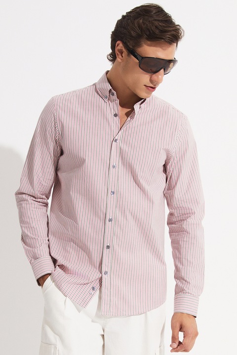 June, Camasa cu maneci lungi si model in dungi, Alb/Fucsia/Kaki inchis, M