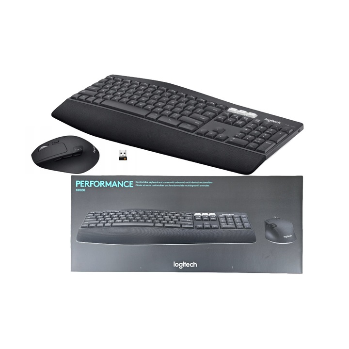 Set Tastatura + Mouse Fara Fir, Logitech, Mk850 Performance, Bluetooth Smart I 2.4 Ghz, Raza De Actiune 10 Metri, 1000 Dpi, Dimensiuni Tastatura: 210 mm X 430 mm X 25 mm, Dimensiuni Mouse: 115 mm X 74 mm X 45 mm, Negru