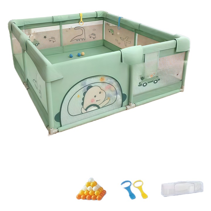 Бебешка кошара, удобна, 180x200x66см, защитени ъгли, мека и еластична мрежа, включва чанта за носене, лесна за сглобяване и почистване, функционална с предпазна решетка и топки, зелена