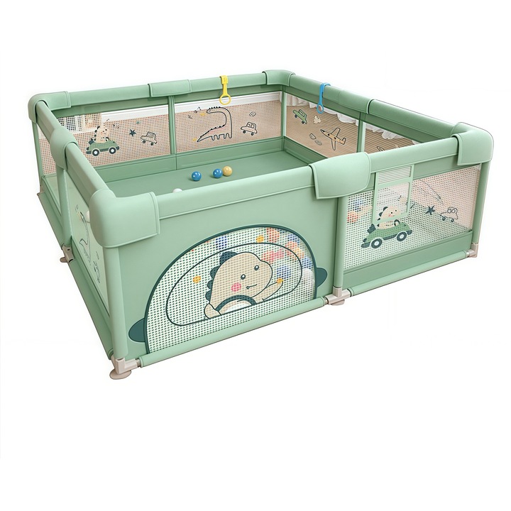 Babajátszótér, comomy, 180x200x66cm, védett sarkok, puha és rugalmas háló, hordtáskával együtt, könnyen összeszerelhető és tisztítható, funkcionális kapuval és labdákkal, zöld