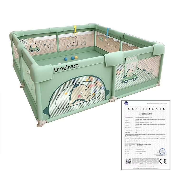 Tarc pentru copii Omelivon®, 180x200x66cm, cu colturi de protectie, plasa elastica moale, include geanta de transport, asamblare si curatare usoara, are o usa si o minge, verde