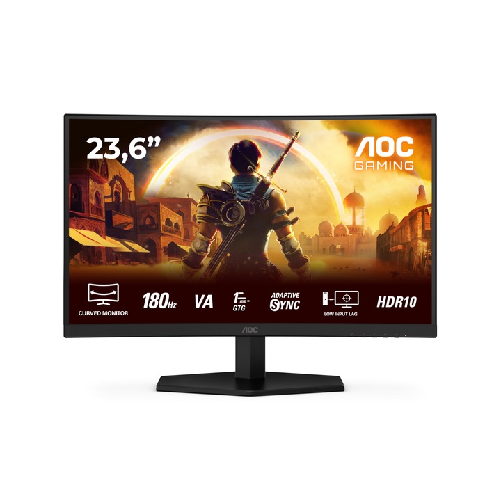 Монитор AOC C24G42E, 23.6'' Gaming monitor, Curved VA panel, AG, 16:9, FHD 1920x1080, 250 cd/m2, 3000:1, 0.5ms, 180Hz, Adaptive Sync, Low Blue Light, Flicker Free, 2x HDMI, DisplayPort, Audio out, Speakers, Tilt, VESA 100, Black C24G42E
