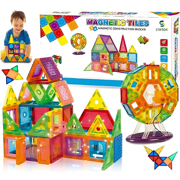 70 darabos Bukino® mágneses kockás oktatókészlet, amely tökéletes a logikus gondolkodás, a képzelet és a készségek fejlesztésére, kerekeket, ablakokat, geometriai formákat és elemeket tartalmaz kreatív 3D-s konstrukciókhoz.