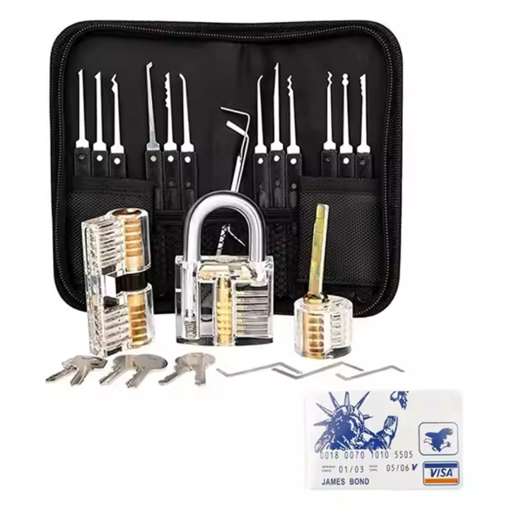 Set de antrenament cadou pentru lacatus 17 buc, instrumente de lacatus de inalta calitate, set extractor transparent, incuietori cu carduri
