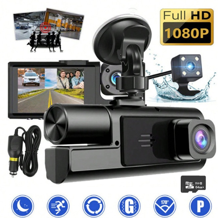Camera Auto Tripla Full HD 1080P, WDR, GPS, WIFI, Negru, 7x11x15cm, Card 64GB Inclus