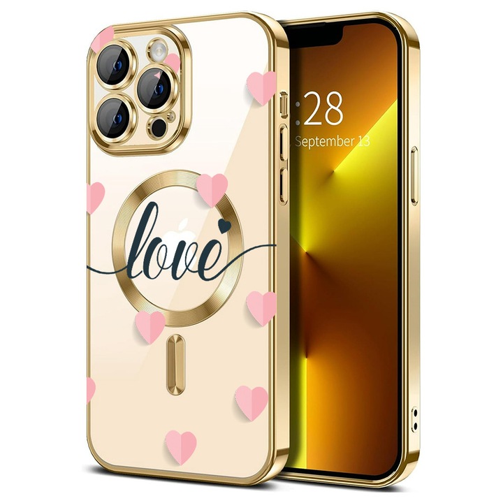 Husa BestCase® Luxury MagSafe, Kompatibilis Apple iPhone 13 Pro Max, Piros szívecskék – romantikus design Love felirattal, Ultra-Soft, Fém szegélyek, 1946033 MC Gold 85