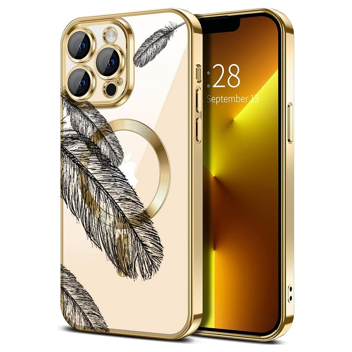 Husa BestCase® Luxury MagSafe, Compatibila Apple iPhone 13 Pro Max, Pene negre – design minimalist, Ultra-Soft, Margini metalizate, 1946033 MC Gold 18