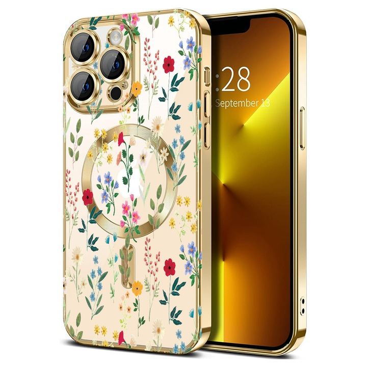 Husa BestCase® Luxury MagSafe, Compatibila Apple iPhone 13 Pro Max, Flori de camp colorate – design vesel, Ultra-Soft, Margini metalizate, 1946033 MC Gold 635