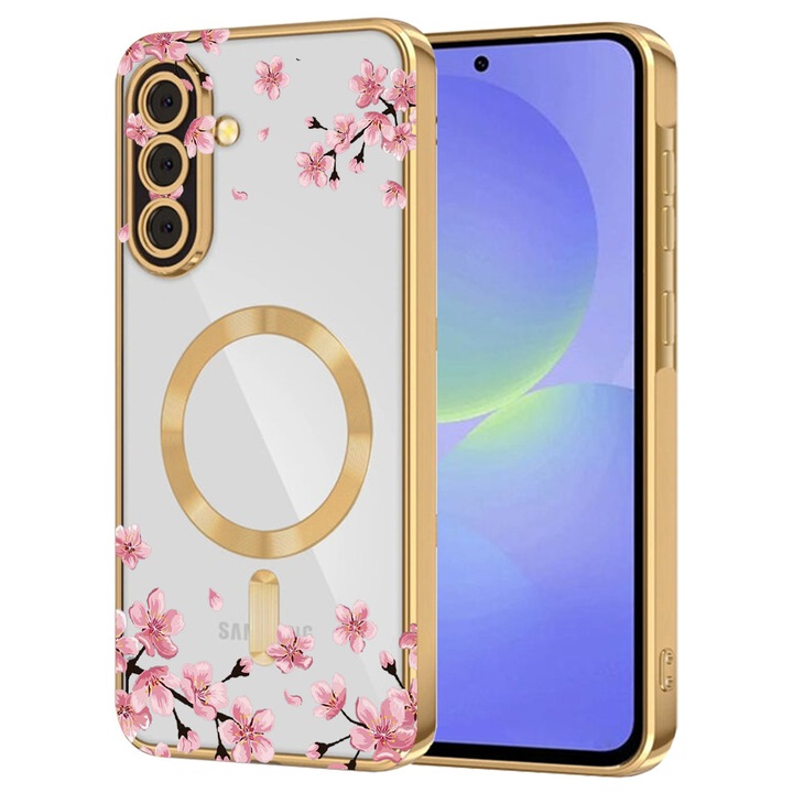 Husa BestCase® Luxury MagSafe, Compatibila Samsung Galaxy S25, Flori de cires – design delicat, Ultra-Soft, Margini metalizate, 1946021 MC Gold 694