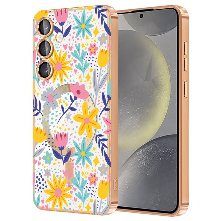 Husa BestCase® Luxury MagSafe, Compatibila Samsung Galaxy A55, Flori vesele – design colorat, Ultra-Soft, Margini metalizate, 1946046 MC Gold 758