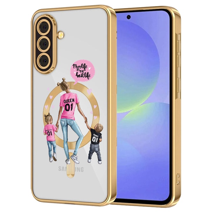 Husa BestCase® Luxury MagSafe, Compatibila Samsung Galaxy S25, Mama cu doi copii – Queen 01, Ultra-Soft, Margini metalizate, 1946021 MC Gold 557