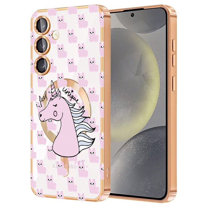 Husa BestCase® Luxury MagSafe, Compatibila Samsung Galaxy A55, Unicorn – cu mesaj I feel unique, Ultra-Soft, Margini metalizate, 1946046 MC Gold 521