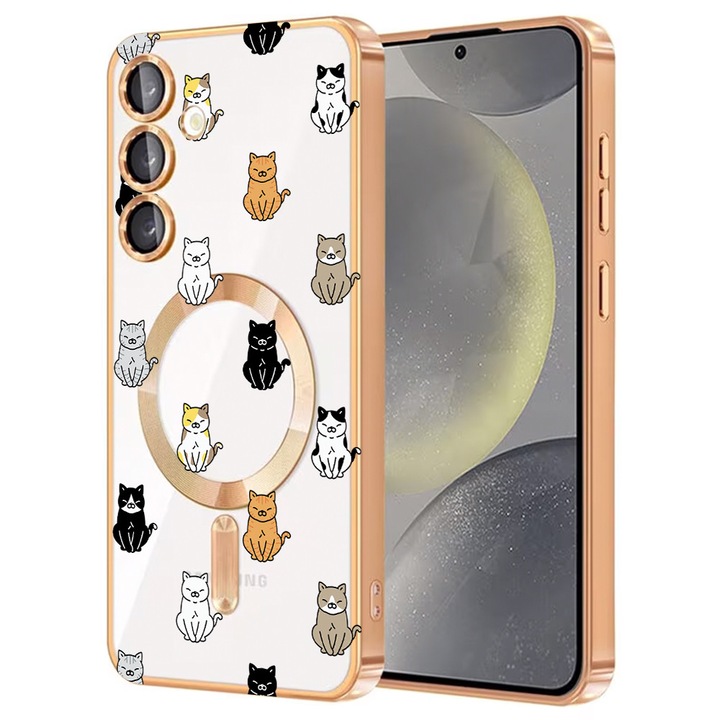 Husa BestCase® Luxury MagSafe, Compatibila Samsung Galaxy A55, Pisici desenate – model playful, Ultra-Soft, Margini metalizate, 1946046 MC Gold 1027