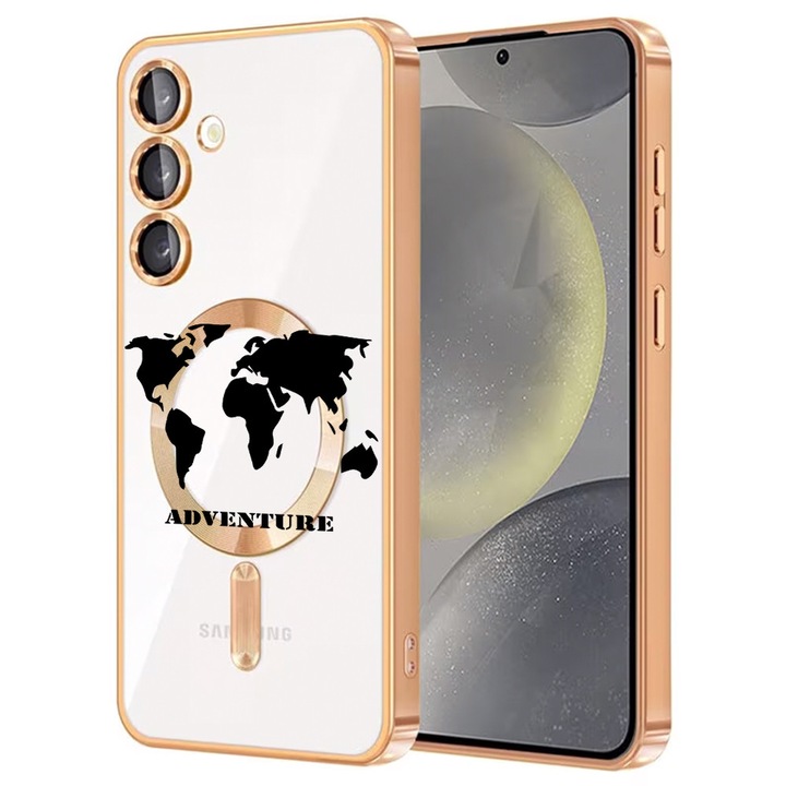 Husa BestCase® Luxury MagSafe, Compatibila Samsung Galaxy A55, Harta lumii – text Adventure, Ultra-Soft, Margini metalizate, 1946046 MC Gold 734