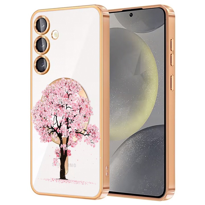 Husa BestCase® Luxury MagSafe, Compatibila Samsung Galaxy A55, Floare de cires – design elegant, Ultra-Soft, Margini metalizate, 1946046 MC Gold 1833