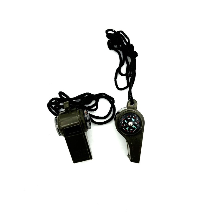 Busola cu fluier，Fluierul de urgenta 3 in 1 cu busola si termometru, fluierul puternic de securitate, instrument de urgenta pentru camping, drumetii, vanatoare, pescuit si aventura (2 bucati)