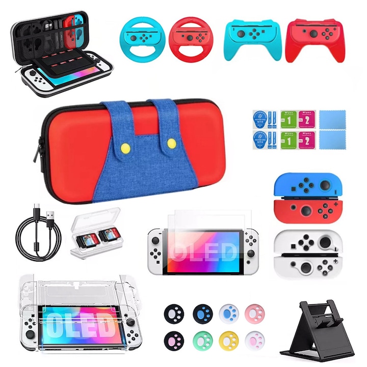 Fudisenn 27 az 1-ben Nintendo Switch OLED kiegészítőkészlet, hordtáska, üvegfólia, állvány, adatkábel, többszínű
