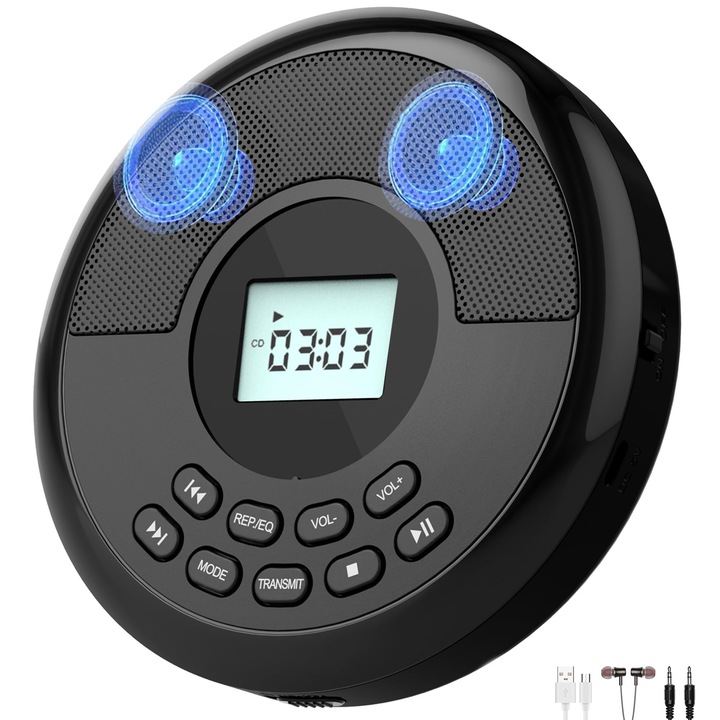 Player CD portabil cu Bluetooth, WALALLA, difuzoare stereo, protectie anti-saritura, negru