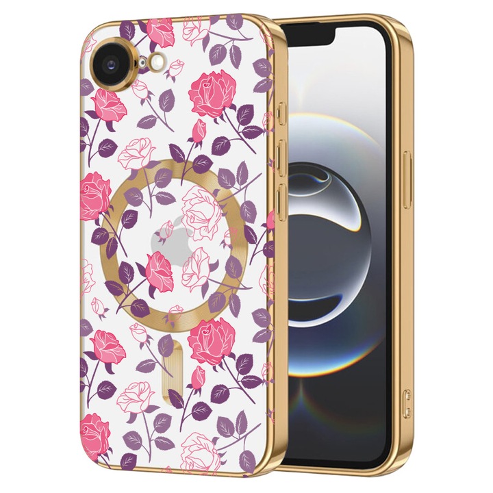 Husa BestCase® Luxury MagSafe, Compatibila Apple iPhone 16e, Floral elegant – Trandafiri roz si mov, Ultra-Soft, Margini metalizate, 1974390 MC Gold 168