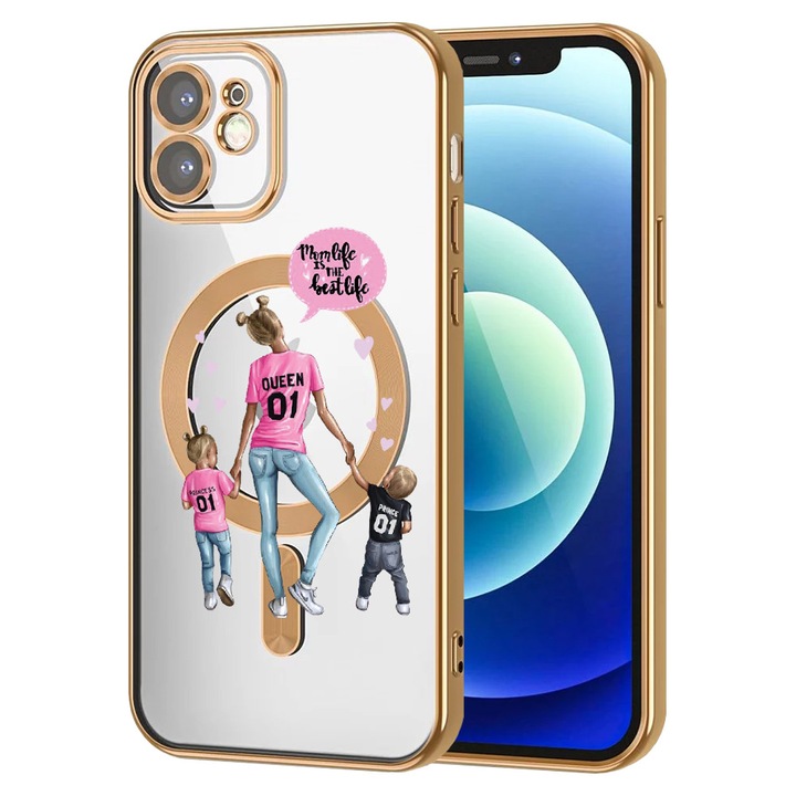 Husa BestCase® Luxury MagSafe, Compatibila Apple iPhone 12, Mama cu doi copii – Queen 01, Ultra-Soft, Margini metalizate, 1946028 MC Gold 557