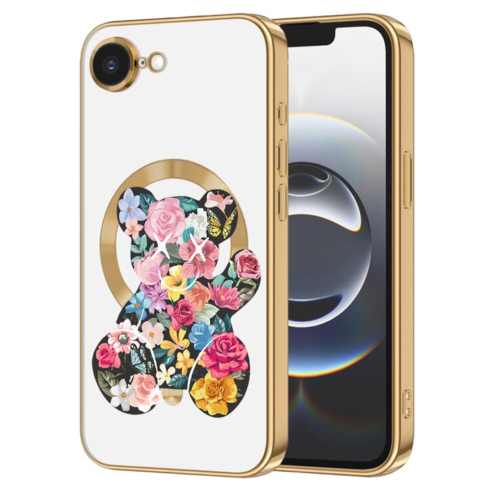 Husa BestCase® Luxury MagSafe, Compatibila Apple iPhone 16e, Ursulet Teddy floral – design creativ, Ultra-Soft, Margini metalizate, 1974390 MC Gold 1550