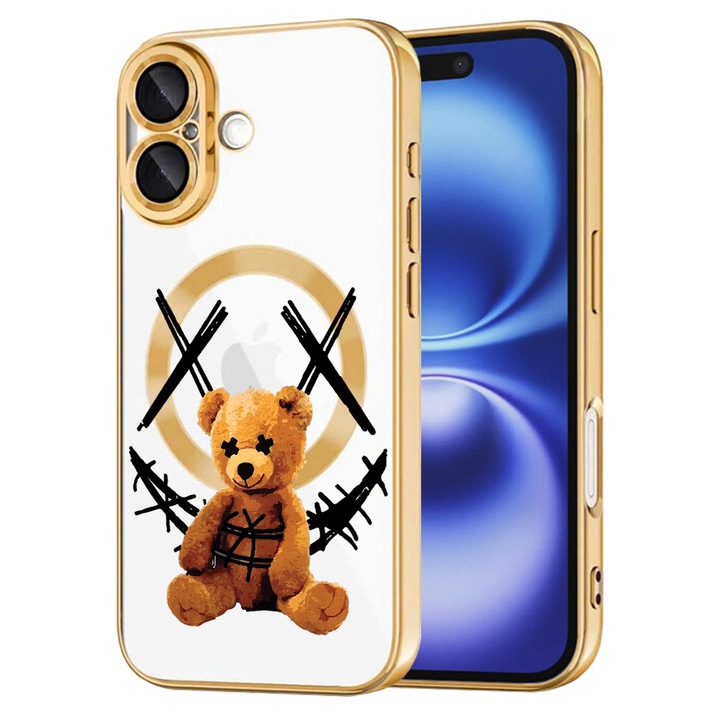 Husa BestCase® Luxury MagSafe, Compatibila Apple iPhone 16 Plus, Ursulet Teddy pe zambet Joker – design edgy, Ultra-Soft, Margini metalizate, 1946045 MC Gold 982