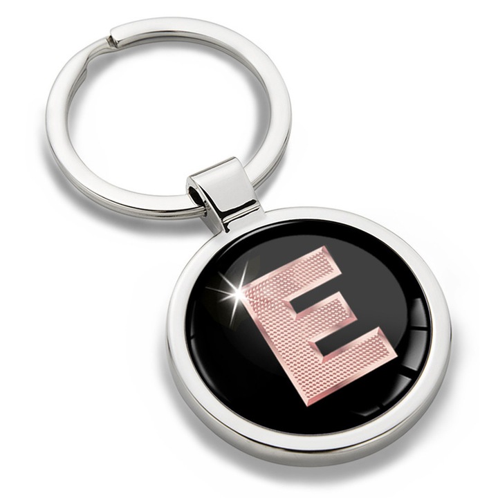 Breloc metalic cu cutie cadou, Biomar Labs, Litera E, AZ, unisex, 3D, Negru/Auriu roz, KK 31
