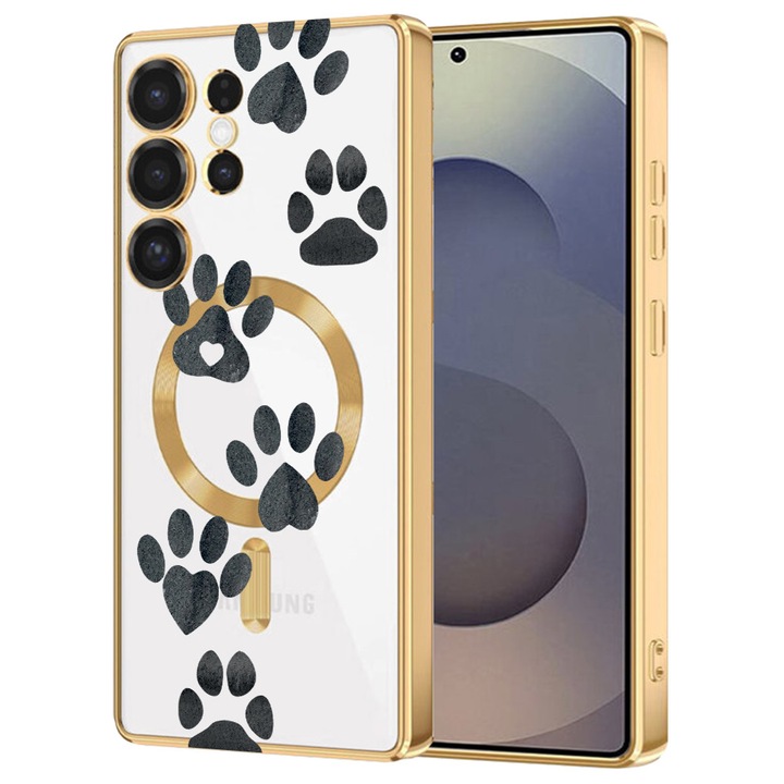 Husa BestCase® Luxury MagSafe, Compatibila Samsung Galaxy S24 Ultra, Urme de labute – design jucaus, Ultra-Soft, Margini metalizate, 1946025 MC Gold 1013