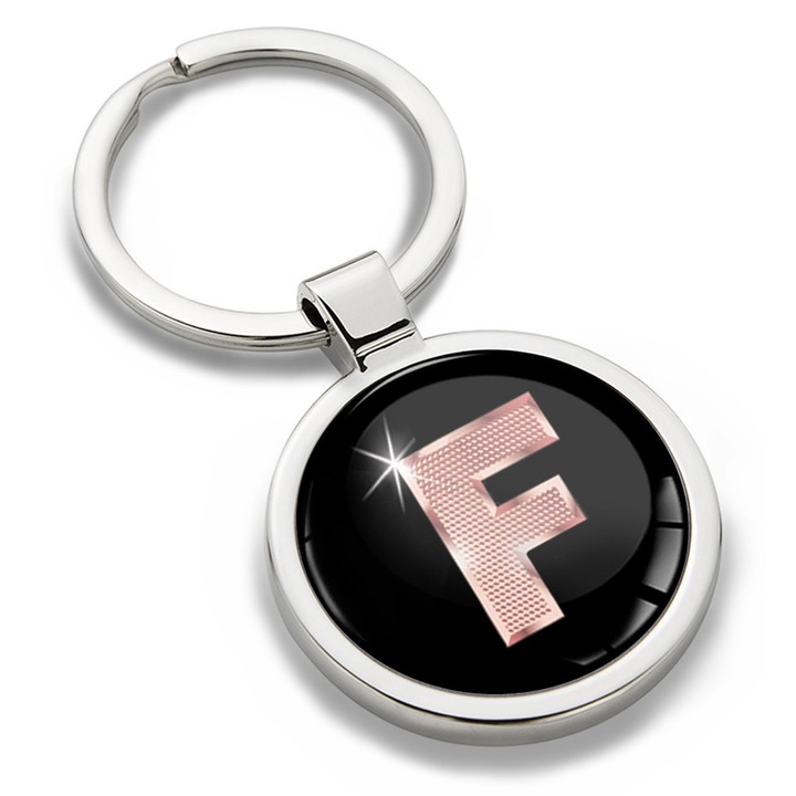 Breloc metalic cu cutie cadou, Biomar Labs, Litera F, AZ, unisex, 3D, Negru/Auriu roz, KK 32