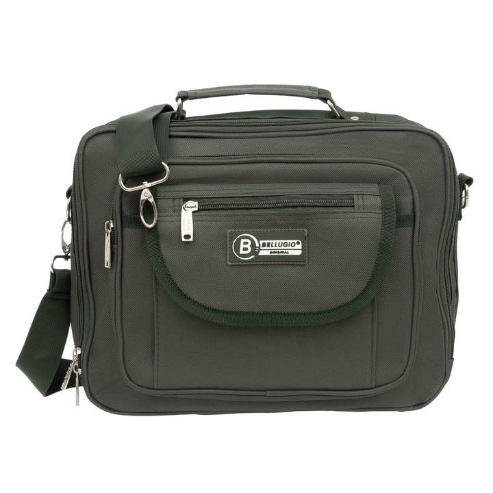 Bellugio férfi válltáska, khaki színű, vízálló nejlonból, cipzáras rekeszekkel, állítható pánttal.