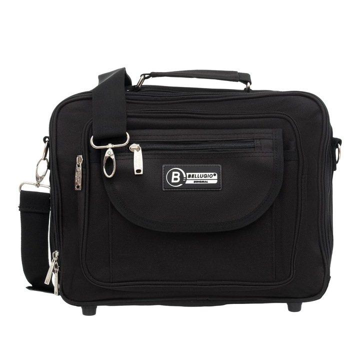 Bellugio férfi válltáska, fekete, vízálló nejlonból, több rekesszel, állítható pánttal