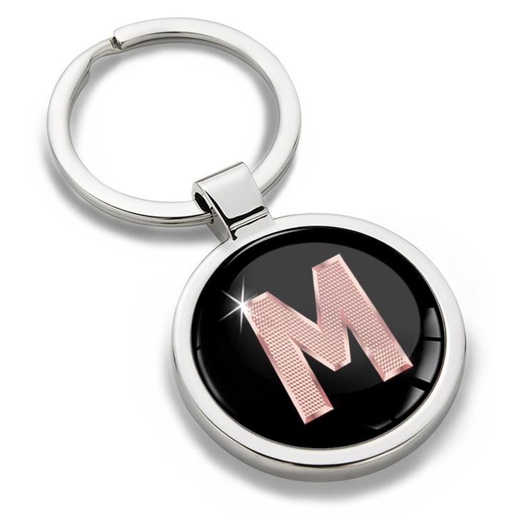 Breloc metalic cu cutie cadou, Biomar Labs, Litera M, AZ, unisex, 3D, Negru/Auriu roz, KK 39