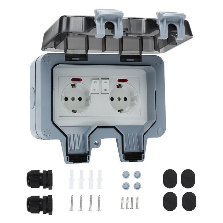Priza dubla de exterior, 0807BM-BST4035019, IP66, cu intreruptoare individuale si indicator luminos, blocabila, 16 A, 220–250V, ABS+PC, gri/negru, 16.8 x 10.4 x 9.5 cm