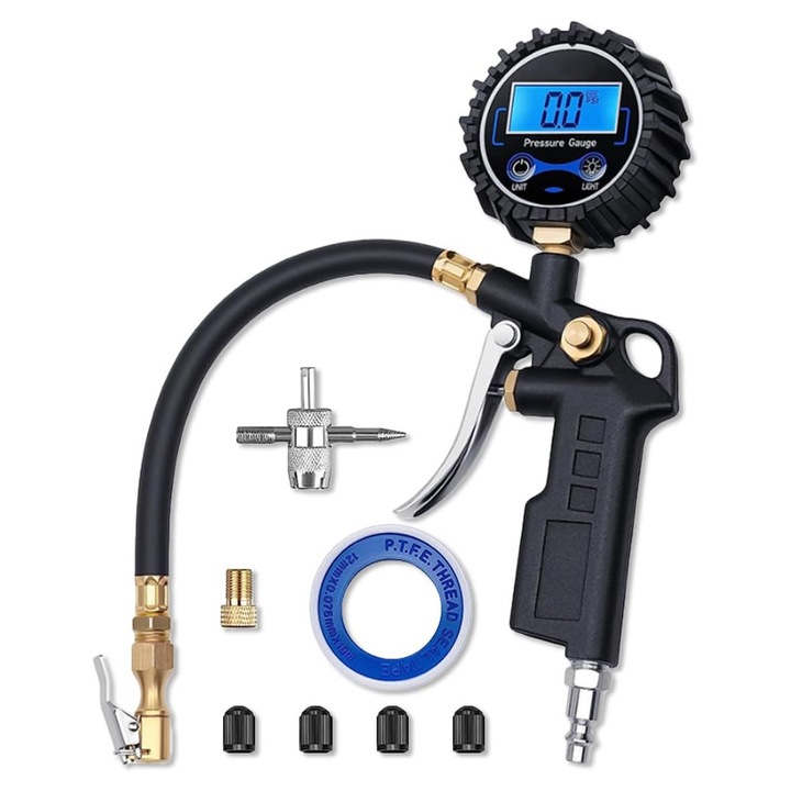 Цифров манометър за гуми - здрав помпа за гуми 250 PSI със заключващ се въздушен накрайник, гумен маркуч и бърз конектор