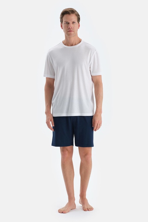 DAGI, Set de pantaloni scurti de pijama din bumbac si modal - 2 perechi, Alb/Bleumarin