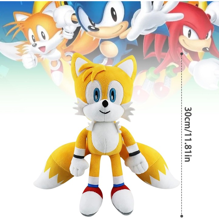 Bolyhos S-onic Tails játék, Plüss figura 30 cm, Sonic the Hedgehog plüss játék, gyerekeknek, Anime témájú, születésnapokra (lányoknak/fiúknak), Sárga