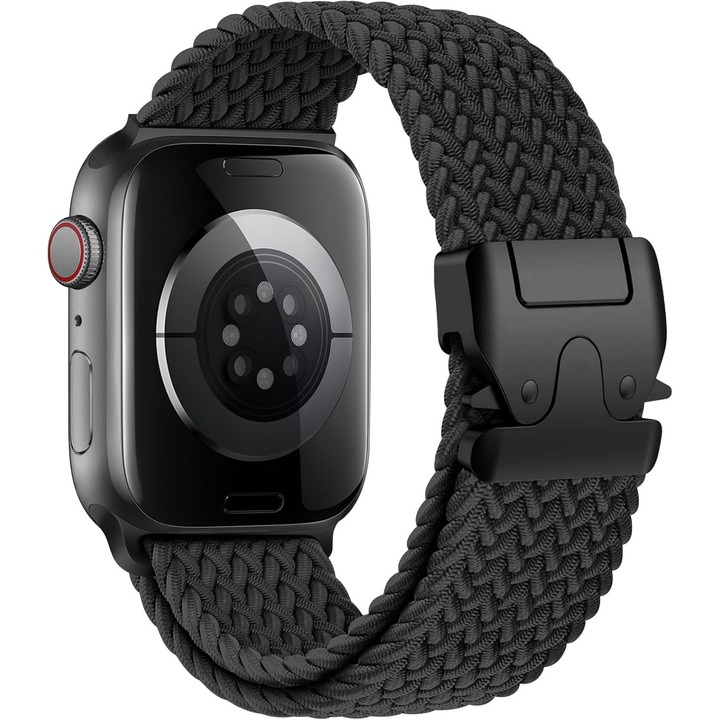 Curea ceas pentru Apple Watch 10/9/8/7/6/5/4/3/SE/2 - 42/44/45/46/49MM, Inhwatek, nailon elastic, ajustabila, atarama de parasuta, Negru