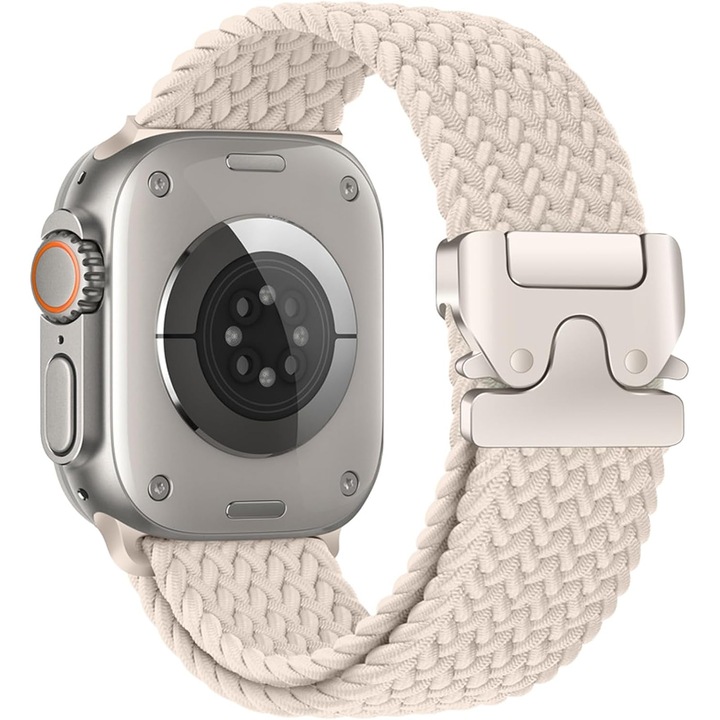 Curea ceas pentru Apple Watch 10/9/8/7/6/5/4/3/SE/2 - 42/44/45/46/49MM, Inhwatek, nailon elastic, ajustabila, atarama de parasuta, Bej