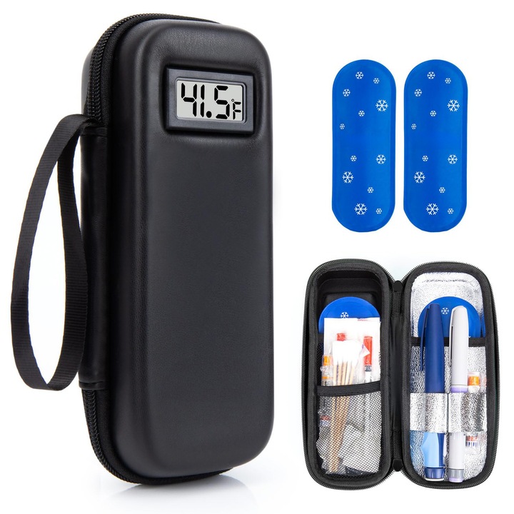 Husa transport insulina, geanta racitoare pentru medicamente diabetice aprobata de TSA pentru calatorii, cu afisaj al temperaturii si termometrului, WALALLA, albastru, 2 pachete de gheata, 21.6x8.9x5.8cm