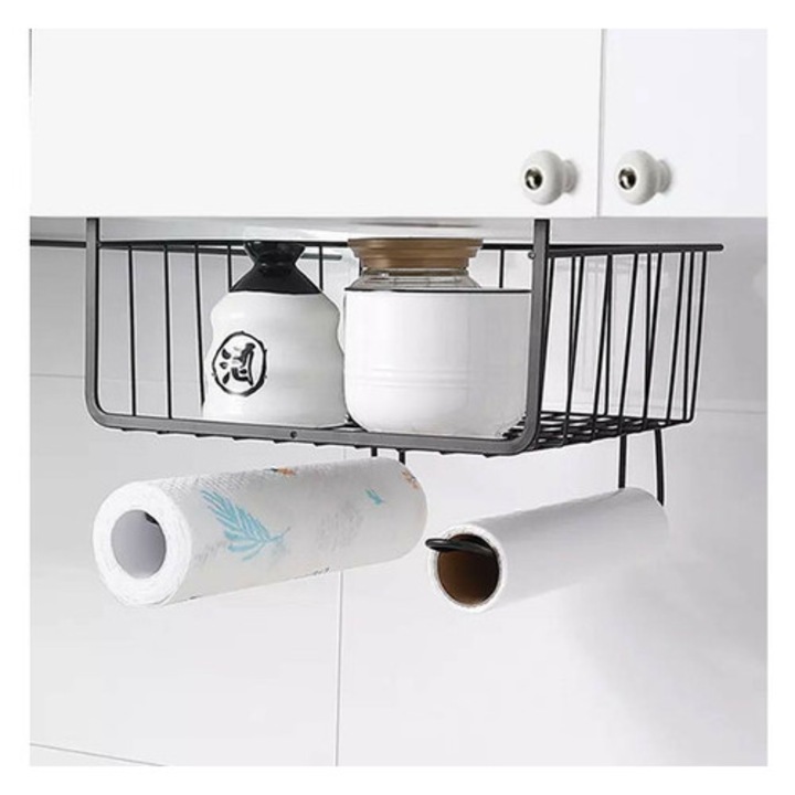 Fém polc alatti tároló, polcra akasztható, 28 x 25 cm, fekete