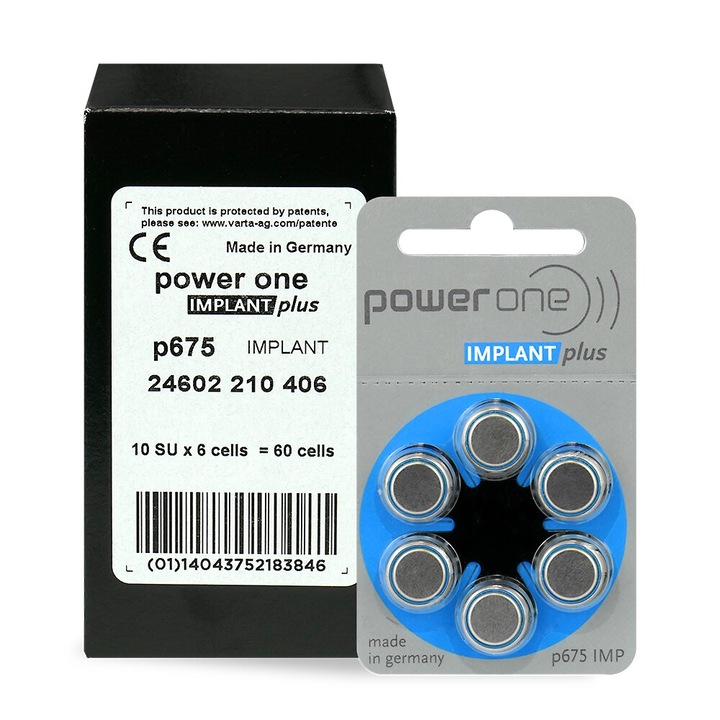 Baterii Power One 675 implant pentru aparate auditive, fara mercur, set 10 blistere x 6 bucati