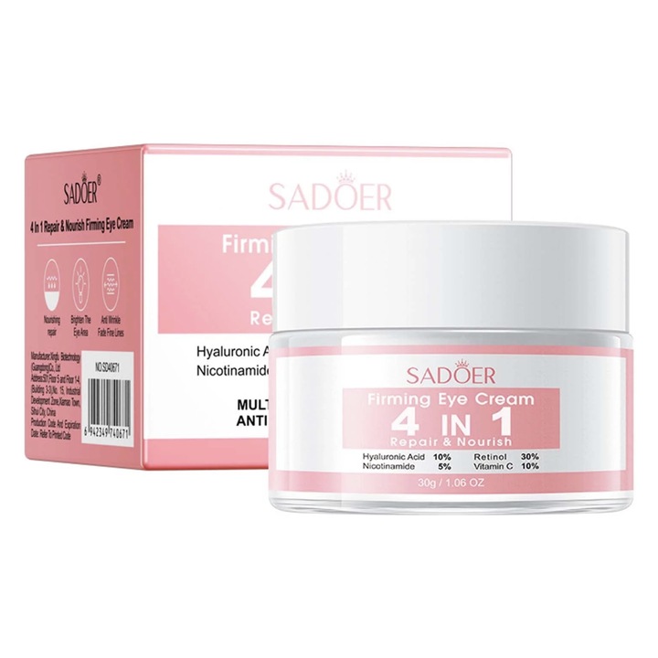 4 az 1-ben szemkörnyékápoló krém – SADOER 30 g hialuronsav 10%, niacinamid 5%, retinol 30% és C-vitamin 10%