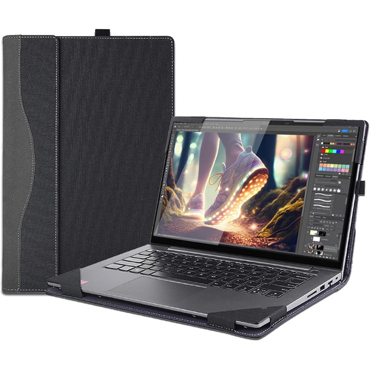 Husa tableta 16 inch, neagra, din PU pentru Lenovo Yoga 7 si Slim 7 Pro, design 2 in 1, rezistenta la zgarieturi