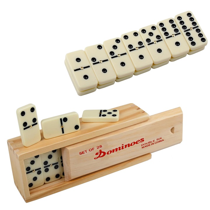 Set de jocuri de societate BERYART, Dominouri Double Six, 28 piese, cutie din lemn, multicolor, pentru 1-4 jucatori, varsta 3+ ani