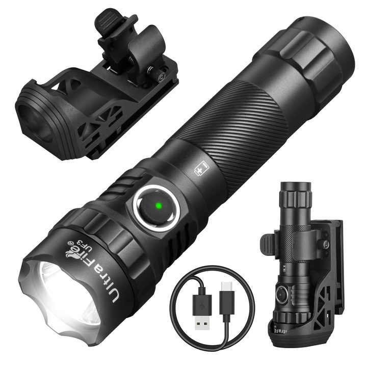 Тактически фенер ULTRAFIRE UF3, 1200 лумена, 3 режима, алуминий, пълен комплект с W66 монтаж, USB-C