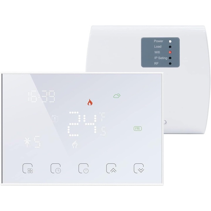 Смарт Стайен Термостат Zadabso®, С Ресивър, LED Екран, Сензорен Екран, Програмируем, Дистанционно Управление, Съвместим с Всички Газови Котли, Съвместим с IOS/Android, За Вграждане или със Стойка, Клас A