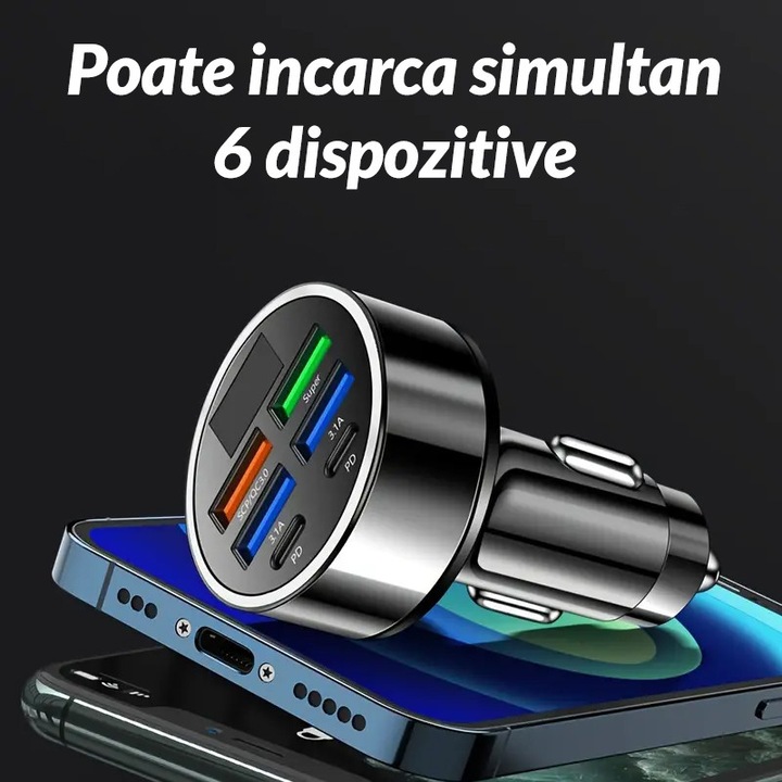 Incarcator auto P6 Smart Fast Charging 4 x USB, 2 x Type C PD, 100W, afisare voltaj baterie, negru