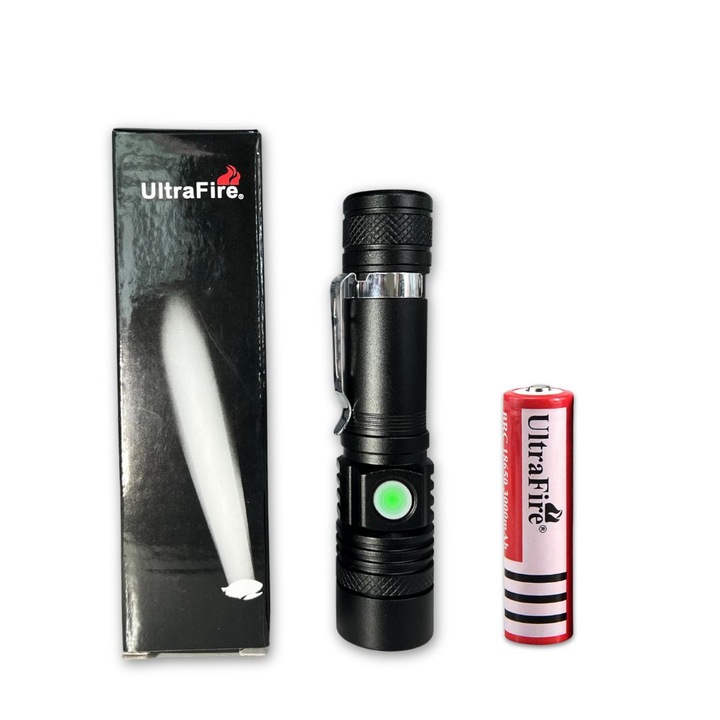 Фенер с LED ULTRAFIRE SP65, 1000 лумена, черен, 14x4 см, батерия 18650 включена